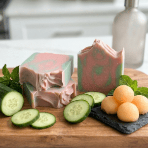 Handmade cucumber melon cold processed soap with green and peach tones