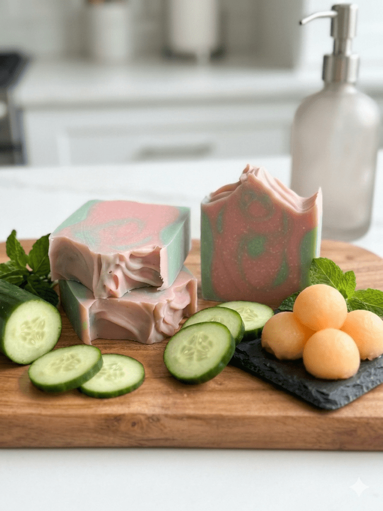 Handmade cucumber melon cold processed soap with green and peach tones
